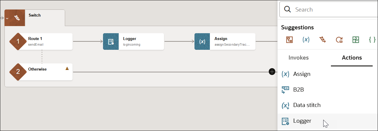 The Otherwise route is hovered over. The Add icon is selected to show a menu with a Search field, a Suggestions section with commonly-used actions, an Invokes tab, and an Actions tab. The Actions tab is selected to show options for Assign, B2B, Data stitch, and Logger. The Logger option is selected.