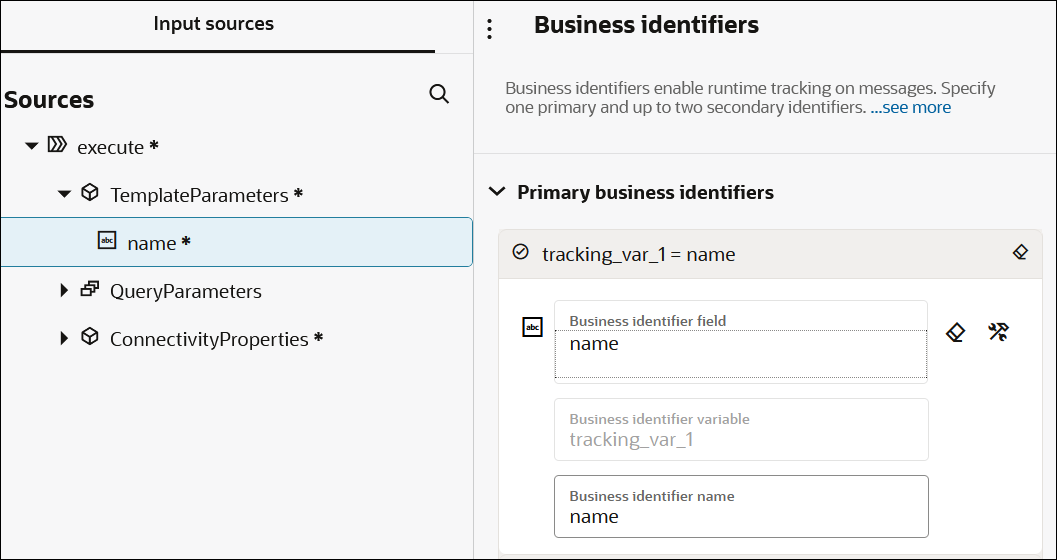 The Sources section shows TemplateParameters expanded. The name element has been dragged to the Business identifier name field. Above this field is the Business identifier variable field with tracking_var_1 as the value. Above this is the Business identifier field with a value of name. Two icons appear to the right of this field. All these fields are in the Primary business identifiers panel.