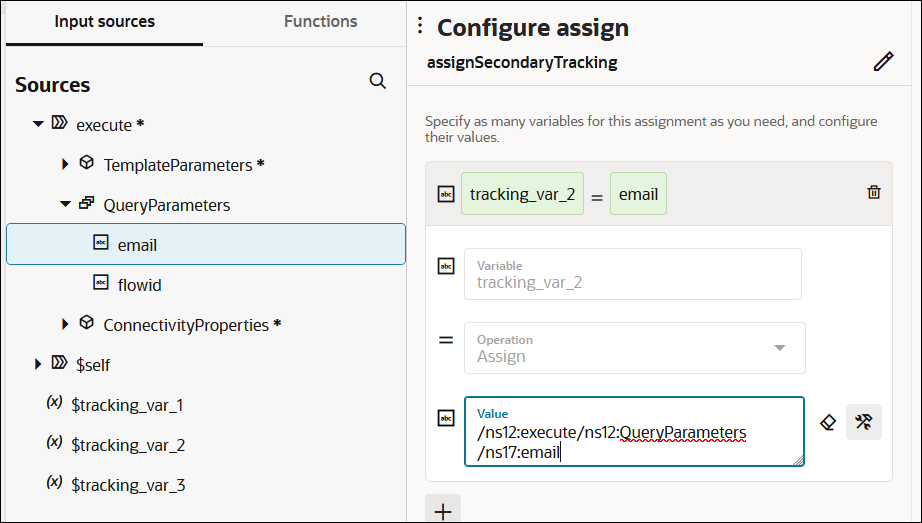 The Input sources (which is selected) and Functions tabs are shown. Below this, QueryParameters is expanded to show email being selected. The Configure assign section is shown to the right. The assign is named assignSecondaryTracking and there is an Edit icon. Below this is the expression tracking_var_2 = email. Below this is the Variable field with a value of tracking_var_2. Below this is the Operation field with a value of =. Below this is the Value field with a value of / ns12:execute/ns12:QueryParameters/ns18:email.