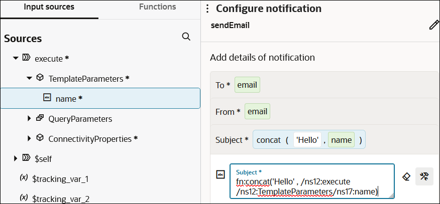 The Input sources (which is selected) and Functions tabs are shown. TemplateParameters is expanded to show the name element. To the right, the Configure notification panel shows a name of sendEmail and an Edit icon. Below this is the To field with a value of email, the From field with a value of email, and the Subject field with a value of fn:concat('Hello' , /ns12:execute/ns12:TemplateParameters/ns17:name). Two icons appear to the right.