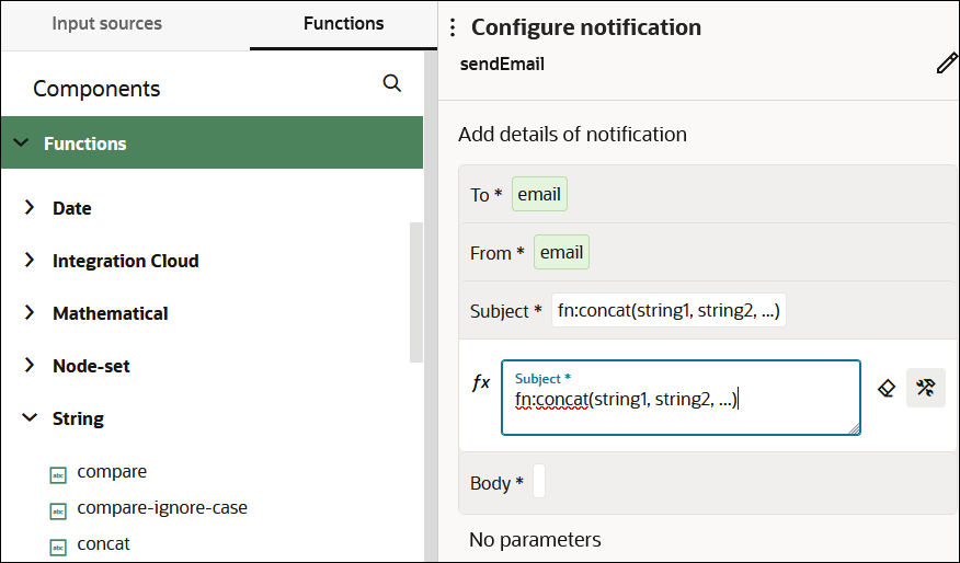 The Input sources and Functions (which is selected) tabs are shown. Functions is expanded to show the expanded String section. To the right, the Configure notification panel shows a name of sendEmail and an Edit icon. Below this is the To field with a value of email, the From field with a value of email, and the Subject field with a value of fn:concat(string1, string2 ...). Two icons appear to the right.