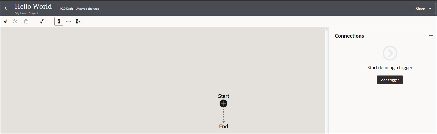 The Hello World integration canvas shows seven icons below the title. To the far right is the Share list. Start and End icons appear in the middle of the canvas. To the right is the Connections section, which includes an Add trigger button.
