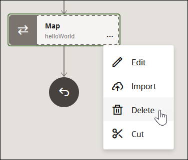The … menu of the Map icon is clicked to display options for Edit, Import, Delete (which is being selected), and Cut.