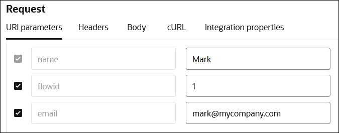 The Request section shows the URI parameters (which is selected), Headers, Body, cURL, and Integration properties tabs. Fields are provided for entering the name, flowid, and email values.