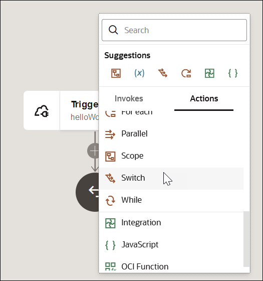 The Search field appears at the top. The Suggestions section follows with a list of commonly selected actions. Below are the Invokes and Actions tab. The Actions tab is selected to show a list of available actions. The Switch action is being selected.