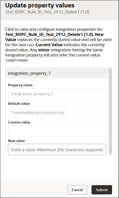 The Update Property Values panel shows the currently defined property, along with fields for Property Name, Default Value, Current Value, and New Value.