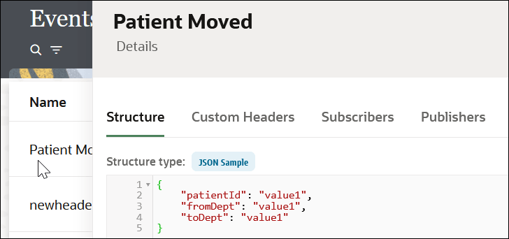 The Events page is shown. The name patient appears in the Search field. Below this is the name column. The event Patient Moved appears at the top of the list. To the right is the Details page for Patient Moved. Three tabs are listed: Structure (which is selected), Subscribers, and Publishers. The JSON structure of Patient Moved is shown.