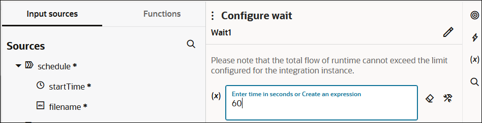 The Input sources tab (which is selected) and Functions tab are shown in the wait action. The Sources section appears below. To the right is the Configure wait section. A value of 60 has been entered into the field. To the right are clear and developer mode icons. In the upper right is an edit icon. To the right are four addition icons.