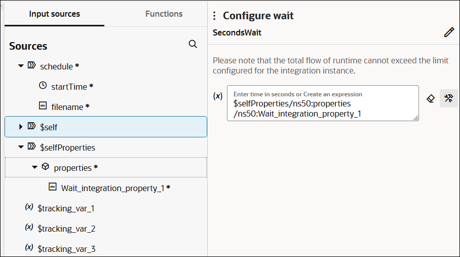 The Input sources tab (which is selected) and Functions tab are shown in the wait action. The Sources section appears expanded below. The Wait_integration_property_1 parameter has been dragged to the field in the Configure wait section on the right. To the right are clear and developer mode icons. In the upper right is an edit icon.