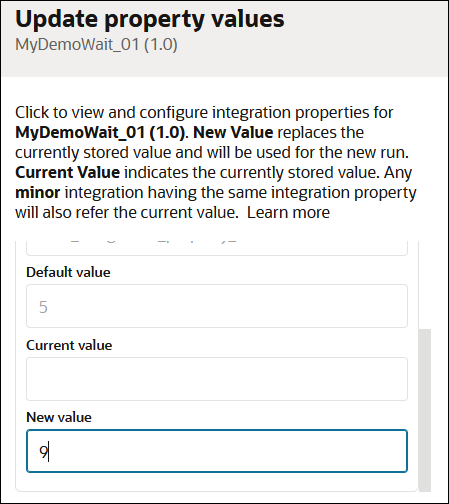 The Update property values section shows fields for Default value, Current value, and New value. A value of 9 has been added to the New value field.