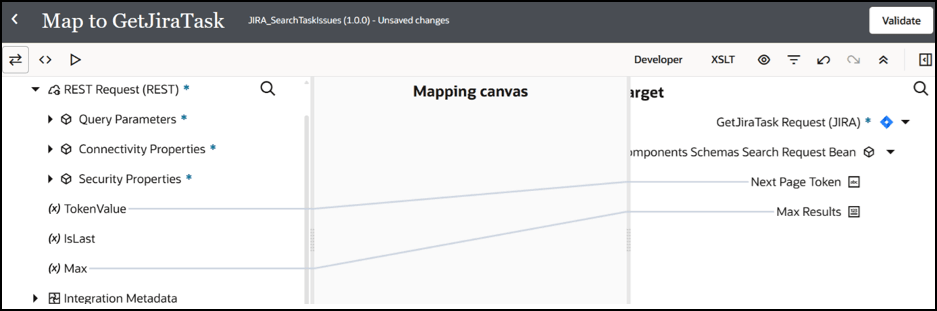 The sources, mapping canvas, and target sections are shown. The source to target mappings performed are described in the text above this image.