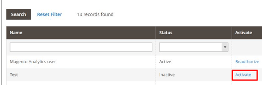 The Search and Reset Filter buttons appear at the top. The number of records found appears to the right. Below are the Name, Status, and Activate columns. The Activate button is highlighted.