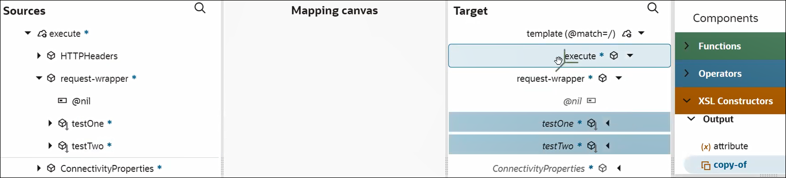 The Sources, Mapping canvas, and Target sections are shown. The XSL Constructors section is expanded to show the copy-of constructor being selected and dragged to the execute element.