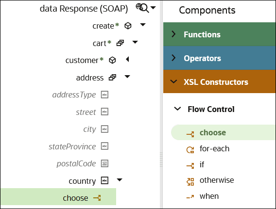 The choose element in the XSLT right navigation pane has been dragged to the lower left corner of the country target element.