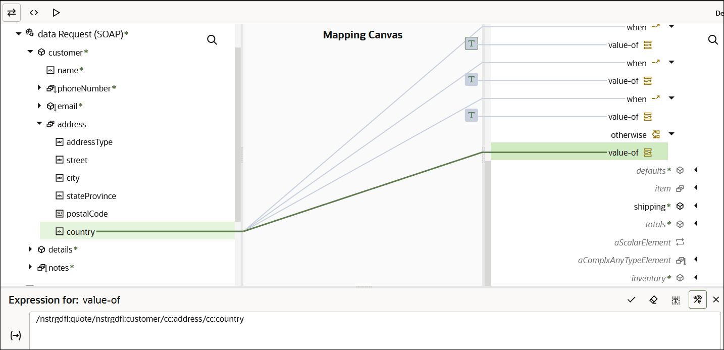 The source element has been connected to the first when construct in the target mapper tree. The Expression Builder is open at the bottom of the page with the corresponding mapping logic (with "United States of America" added at the end of the logic construct).