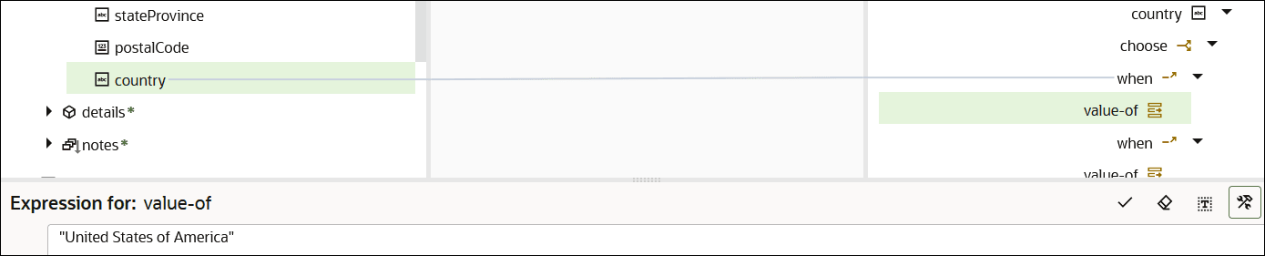 This image country source element is mapped to the when target element. A child value-of element of the when element is highlighted. In the Expression Builder, a value of "United States of America" is entered. Three icons are above the Expression Builder.