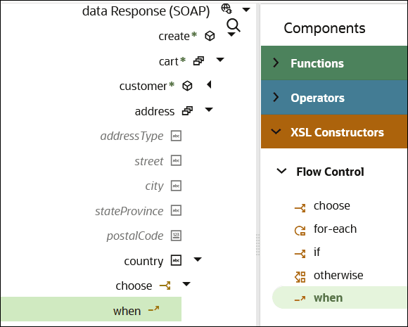 A single when construct has been placed below the choose construct in the target mapper tree. The XSLT navigation pane of constructs is displayed to the right.