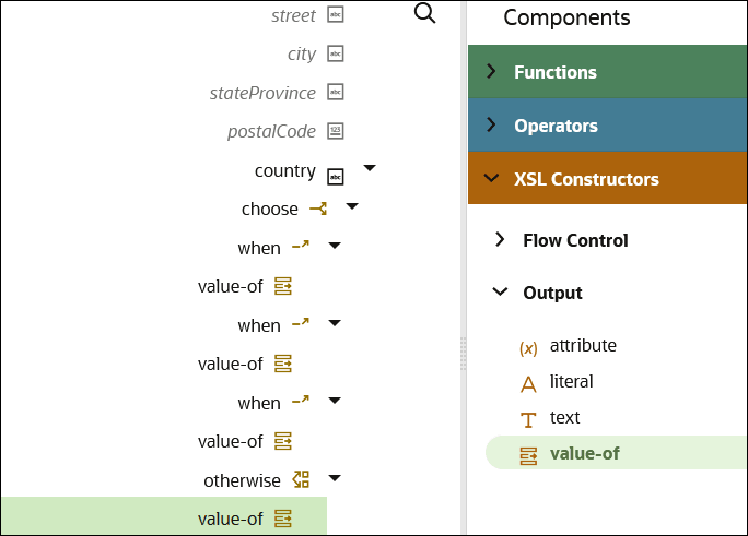 value-of constructs have been placed below all three when construct as child entries in the target mapper tree.