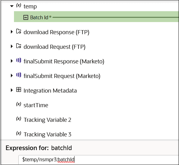 This image shows a mapped Batch id target element. At the bottom, the Expression Builder shows a value of $temp/nsmpr3:batchId.