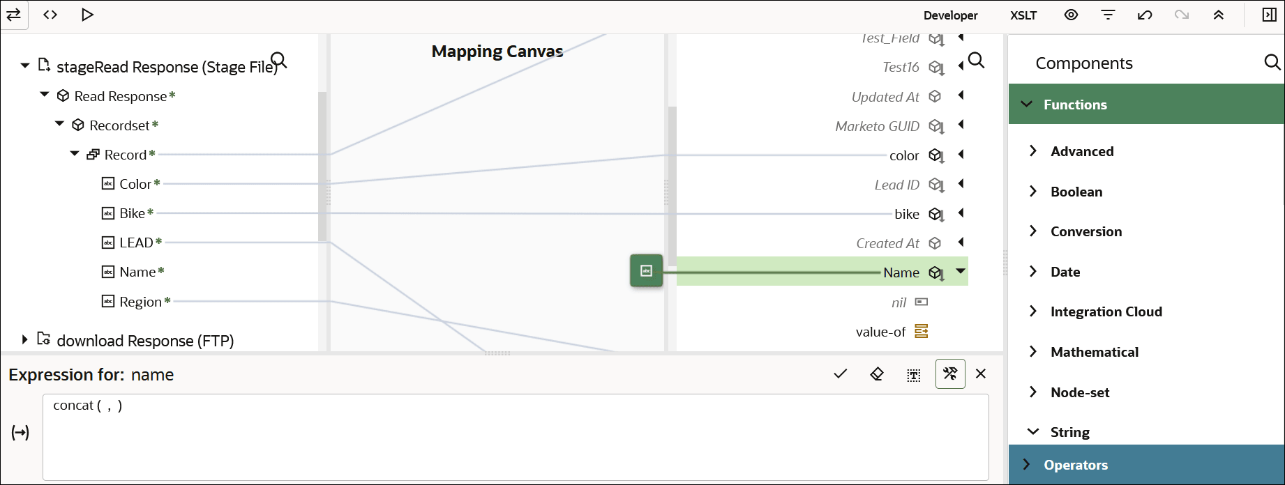 Three icons are shown in the upper left. Below this is the Sources section. In the middle is the Mapping Canvas section. To the right is the Targets section. To the far right is the Components section, with Functions appearing below. Function categories are shown: Advanced, Boolean, Conversion, Data, Integration Cloud, Mathematical, Node-set, and String. Below this is the Operations category. In the upper right are the Developer icon, XSLT icon, and six other icons.