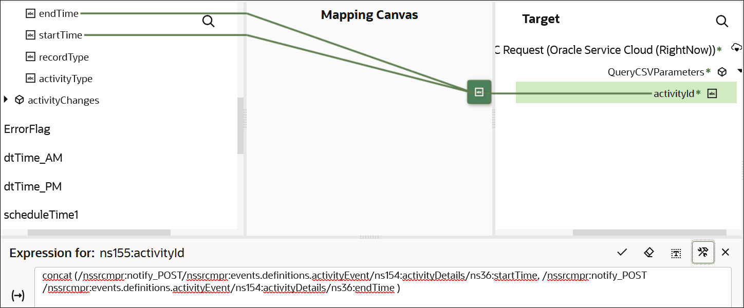 The Sources section endTime and startTime elements have been dragged to the concat function in the Expression Builder. The Target section shows the activityId with the attached concat function.