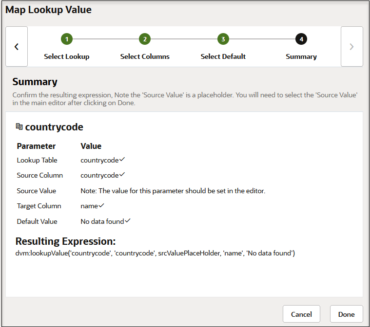 The Select Lookup, Select Columns, Select Default, and Summary icons are shown. Below this is the Summary section. Below this is the lookup selected (countrycode) and the parameter and value assigned. Below this is the resulting expression. Below this are Cancel and Done buttons.