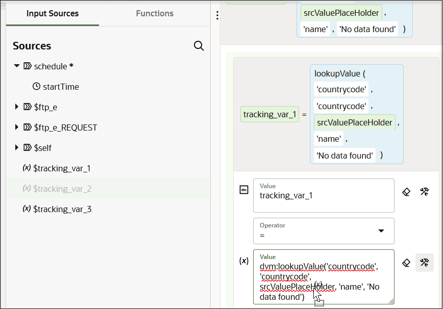 The Input Sources tab (selected) and Functions tab are shown. The $tracking_var_1 element is selected. On the right side is the Value field, Operator field, and Value field. In the second value field, $tracking_var_1 is being dropped on srcValuePlaceHolder in the expression.