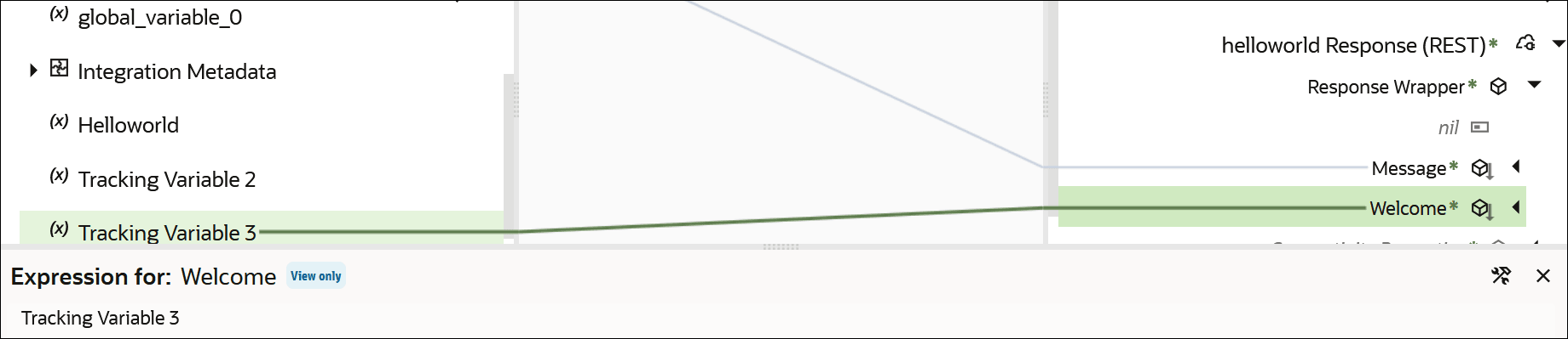 The Tracking Variable 3 source element is mapped to the Welcome target element. Below is the Expression Builder section with a value of Tracking Variable 3. At the far right are two icons.