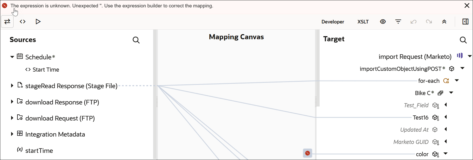 The error message above the Sources section is clicked to show the Target element that is in error. The Mapping Canvas section is between the Sources and Target sections.