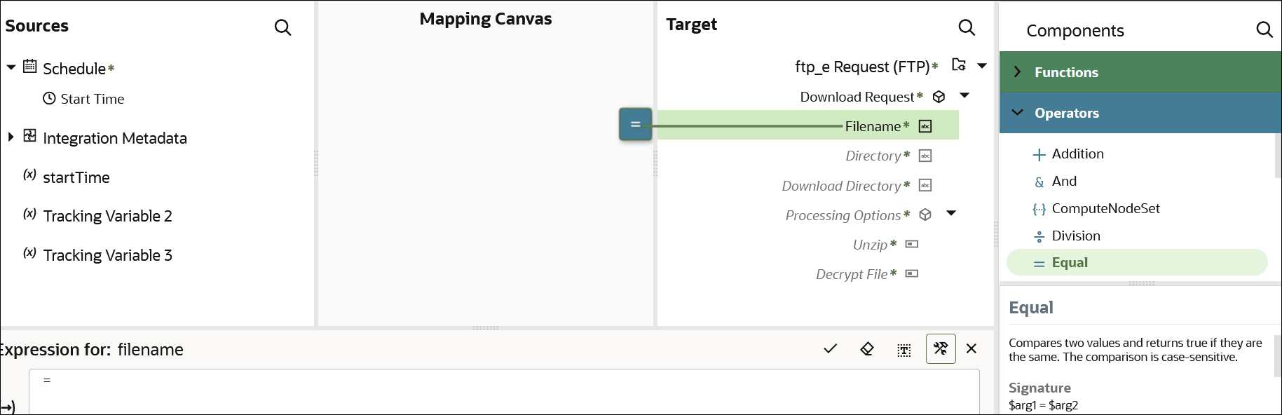 The Sources tree is shown. To the right is Mapping Canvas section and the Target section. To the right is the Components section, with the Operators subsection shown. The Equal operator has been dragged to the Filename element in the Target section tree, resulting in an equal sign appearing. At the bottom, the Expression Builder shows an equal sign.