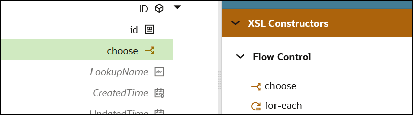 A choose statement is selected (indicated by green) in the Target data structure. The XSL Constructors section shows the Flow Control category, with options for choose and for-each. A choose statement is selected (indicated by green) in the Target data structure. The XSL Constructors section shows the Flow Control category, with options for choose and for-each.