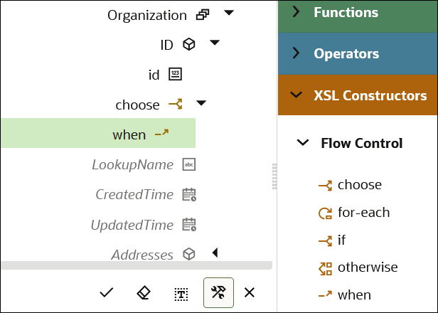A when statement is highlighted in green in the Target data structure. The Functions, Operators, and XSL Constructors sections are shown. XSL Constructors is expanded to show the Flow Control category, with options for choose, for-each, if, otherwise, and when. A when statement is highlighted in green in the Target data structure. The Functions, Operators, and XSL Constructors sections are shown. XSL Constructors is expanded to show the Flow Control category, with options for choose, for-each, if, otherwise, and when.