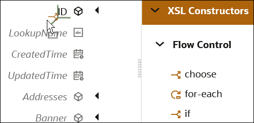 An if statement is dragged from the Flow Control category of the XSL Constructors section onto the ID target element. The Flow Control category shows options for choose, for-each, and if. An if statement is dragged from the Flow Control category of the XSL Constructors section onto the ID target element. The Flow Control category shows options for choose, for-each, and if.