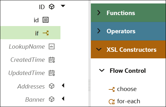 An if statement is highlighted in green in the Target data structure. To the right, the Functions, Operators, and XSL Constructors sections are shown. XSL Constructors is expanded to show the Flow Control category, which includes options for choose and for-each. An if statement is highlighted in green in the Target data structure. To the right, the Functions, Operators, and XSL Constructors sections are shown. XSL Constructors is expanded to show the Flow Control category, which includes options for choose and for-each.