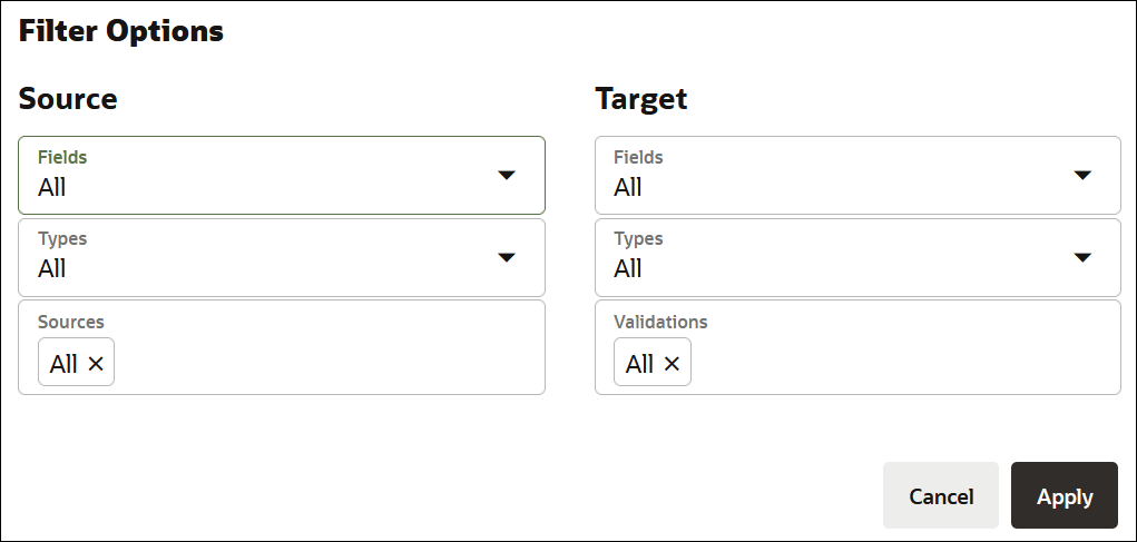 The Filter Options page shows the Source section, with selections for Fields, Types, and Sources. The Target section shows selections for Fields, Types, and Validations.