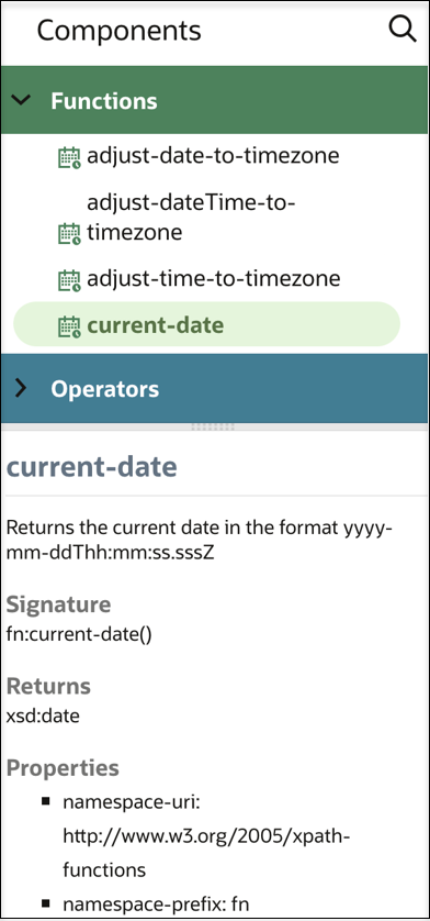 The current-data function is selected. The current-date function is described below, including the description, signature, what the function returns, and properties.