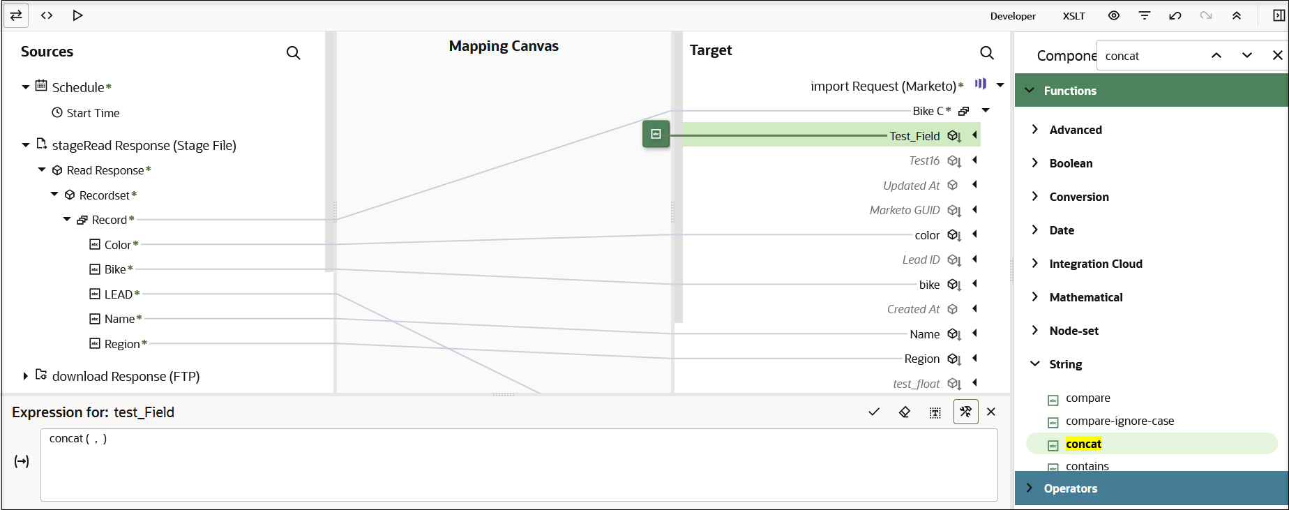 Three icons appear in the upper left. Below this is the Sources tree, the Mapping Canvas section, and the Target tree. Below this is the Expression Builder field, with five icons to the right. To the right of the Target tree is the Component section. Functions has been selected. Under String, concat is selected. In the upper right of the page are the Developer button, XSLT button, and six icons.