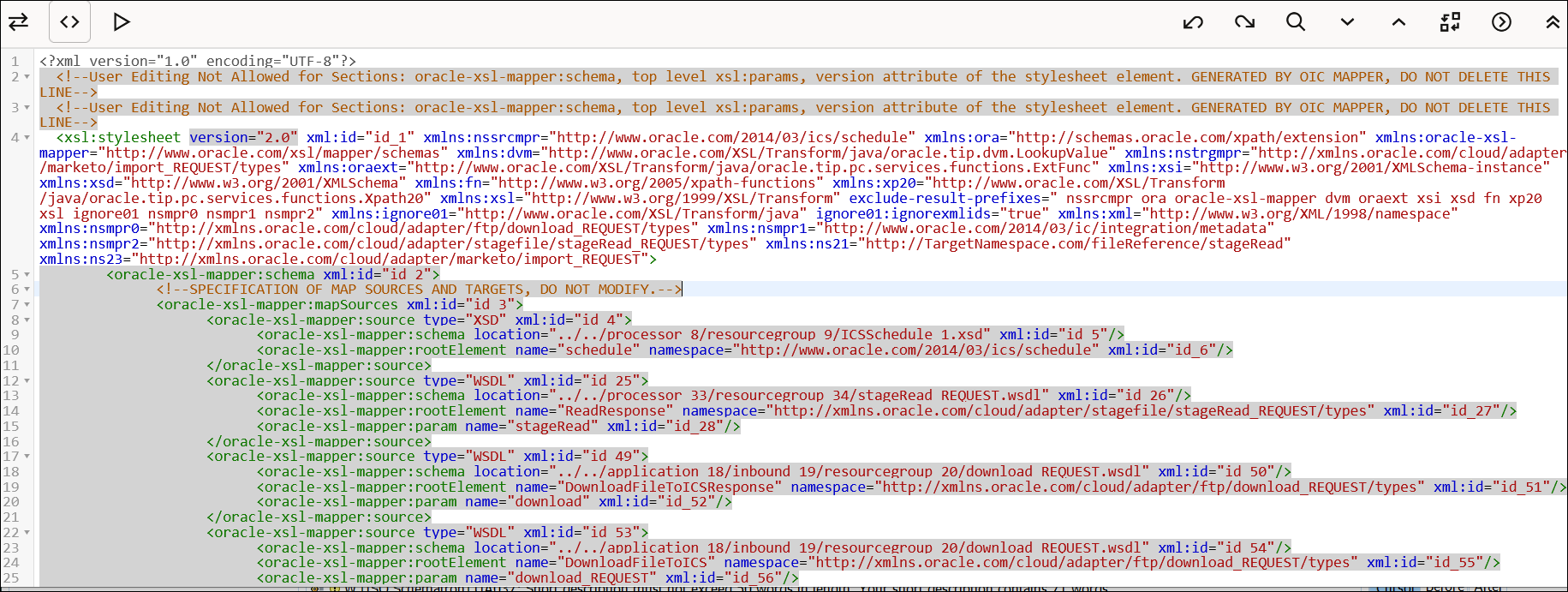 This image shows the XSLT code view of your mappings. Sections at the very top of the code do not allow editing. Above the code are three icons to the left and eight icons to the right.