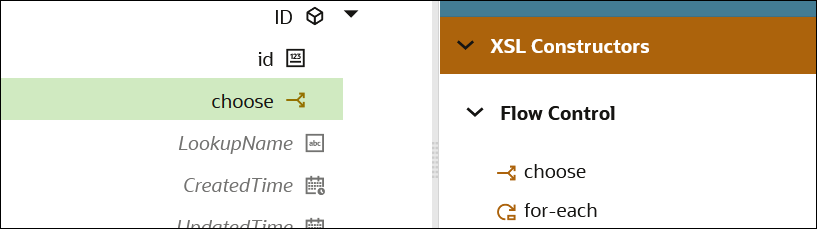 A choose statement is selected (indicated by green) in the Target data structure. The XSL Constructors section shows the Flow Control category, with options for choose and for-each.