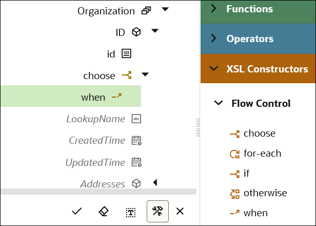 A when statement is highlighted in green in the Target data structure. The Functions, Operators, and XSL Constructors sections are shown. XSL Constructors is expanded to show the Flow Control category, with options for choose, for-each, if, otherwise, and when.