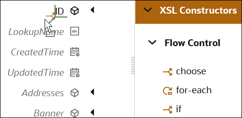 An if statement is dragged from the Flow Control category of the XSL Constructors section onto the ID target element. The Flow Control category shows options for choose, for-each, and if.