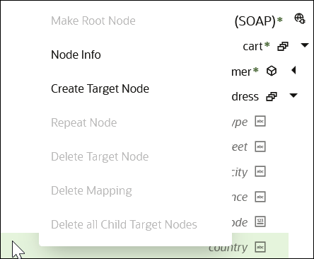 The country element has been right-clicked to display enabled selections for Node Info and Create Target node.