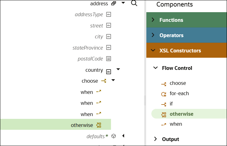 Three when constructs and an otherwise construct have been placed below the choose construct in the target mapper tree. The XSLT navigation pane of constructs is displayed to the right.