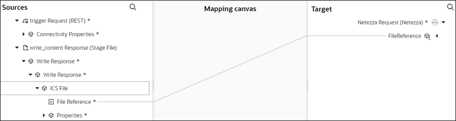 The Sources, Mapping canvas, and Target sections are shown. The source File Reference element under ICS File is mapped to the target FileReference element.
