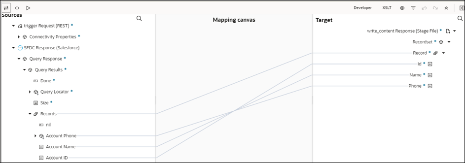 The Sources, Mapping canvas, and Target sections are shown. The source Records element is mapped to the target Records element. The source Account Phone element is mapped to the target Phone element. The source Account Name element is mapped to the target Name element. The source Account ID element is mapped to the target ID element.