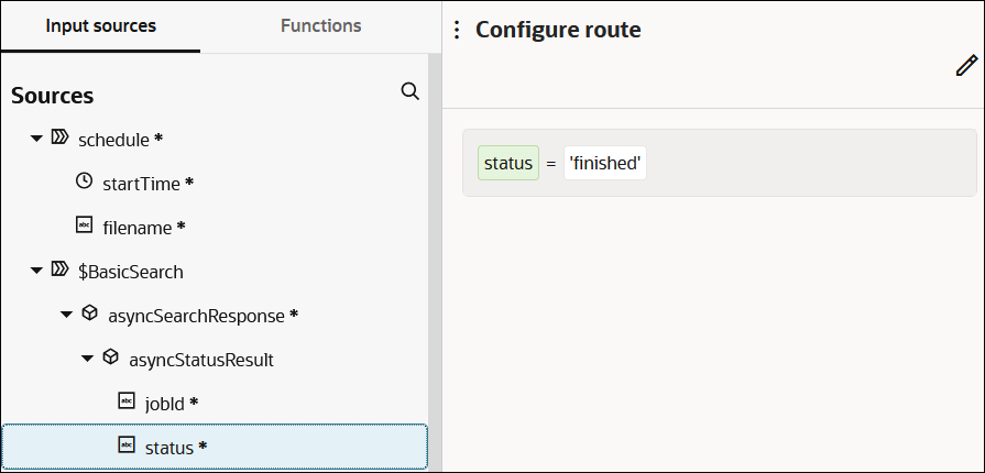 The Input sources tab (which is selected) and the Functions tab are shown. Below is the Sources tree, which is expanded to show the status element. This element has been mapped to show status = 'finished' as the routing.
