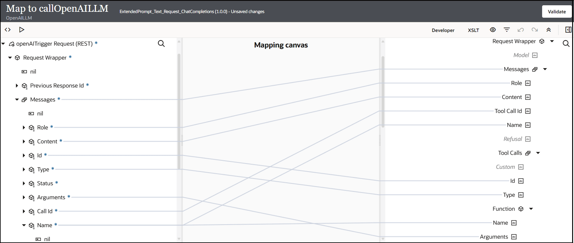 The source, mapping, canvas, and targets section are shown. The source Messages elements are mapped to the target Messages elements. For example, Role is mapped to Role, Content is mapped to Content, id is mapped to id, and Type is mapped to Type.