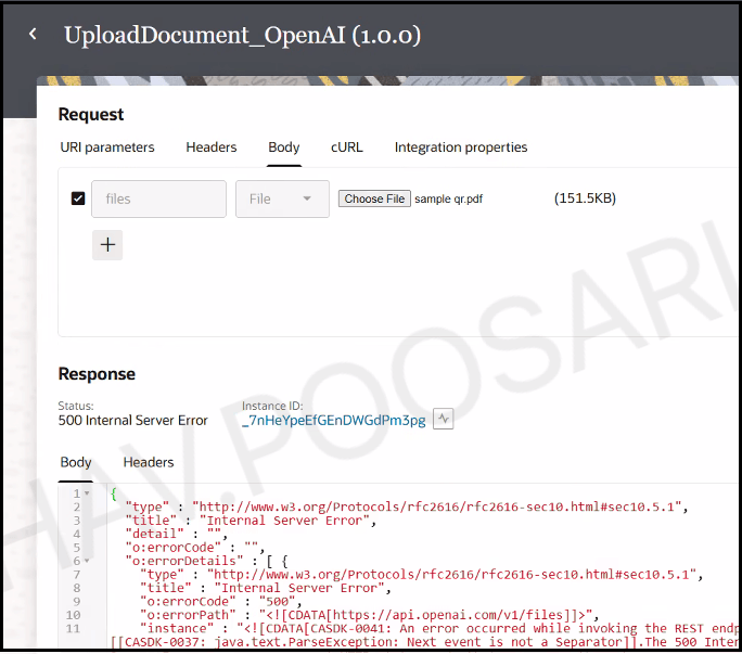 The Configure and run page shows the Request section, which includes tabs for URI parameters, Headers, Body, cURL, and Integration properties. Below this the Choose File button has been selected and a file name sample qr.pdf has been uploaded. Below this is the Response section, which includes a Status section that indicates a 500 Internal Server Error has occurred. The Instance ID field is to the right. Below this the Body and Header tabs are shown. Body is selected. The internal server error is displayed.