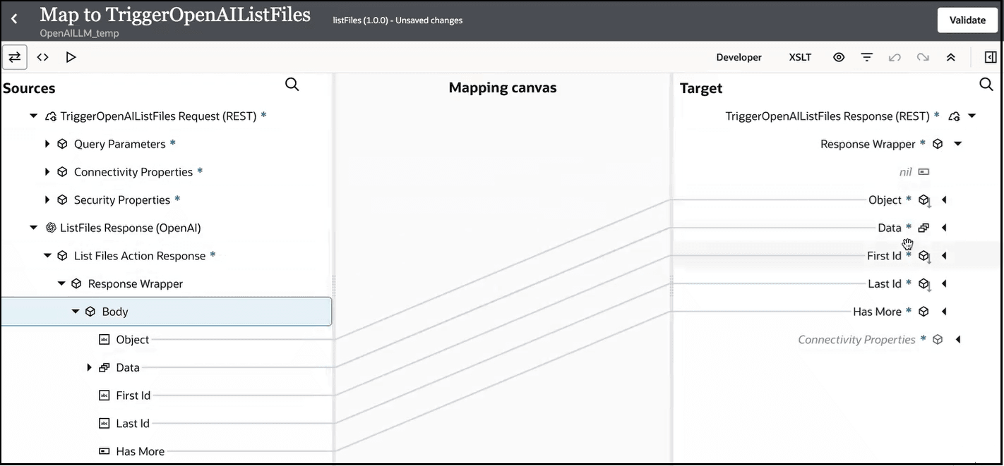 Three icons are shown at the top left. The Developer link, XSLT link, and six other icons are shown at the top right. Above these icons is the Validate icon. Below this, the Sources, Mapping canvas, and Target sections are shown. The source ListFiles Response (OpenAI) is expanded, and source Body elements are mapped to File Response Wrapper target elements. Three icons are shown at the top left. The Developer link, XSLT link, and six other icons are shown at the top right. Above these icons is the Validate icon. Below this, the Sources, Mapping canvas, and Target sections are shown. The source ListFiles Response (OpenAI) is expanded, and source Body elements are mapped to File Response Wrapper target elements.