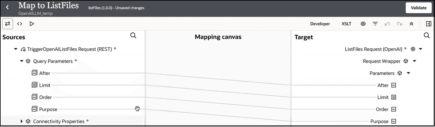 Three icons are shown at the top left. The Developer link, XSLT link, and six other icons are shown at the top right. Above these icons is the Validate icon. Below this, the Sources, Mapping canvas, and Target sections are shown. The source Query Parameters elements are mapped to target Request Wrapper elements. Three icons are shown at the top left. The Developer link, XSLT link, and six other icons are shown at the top right. Above these icons is the Validate icon. Below this, the Sources, Mapping canvas, and Target sections are shown. The source Query Parameters elements are mapped to target Request Wrapper elements.